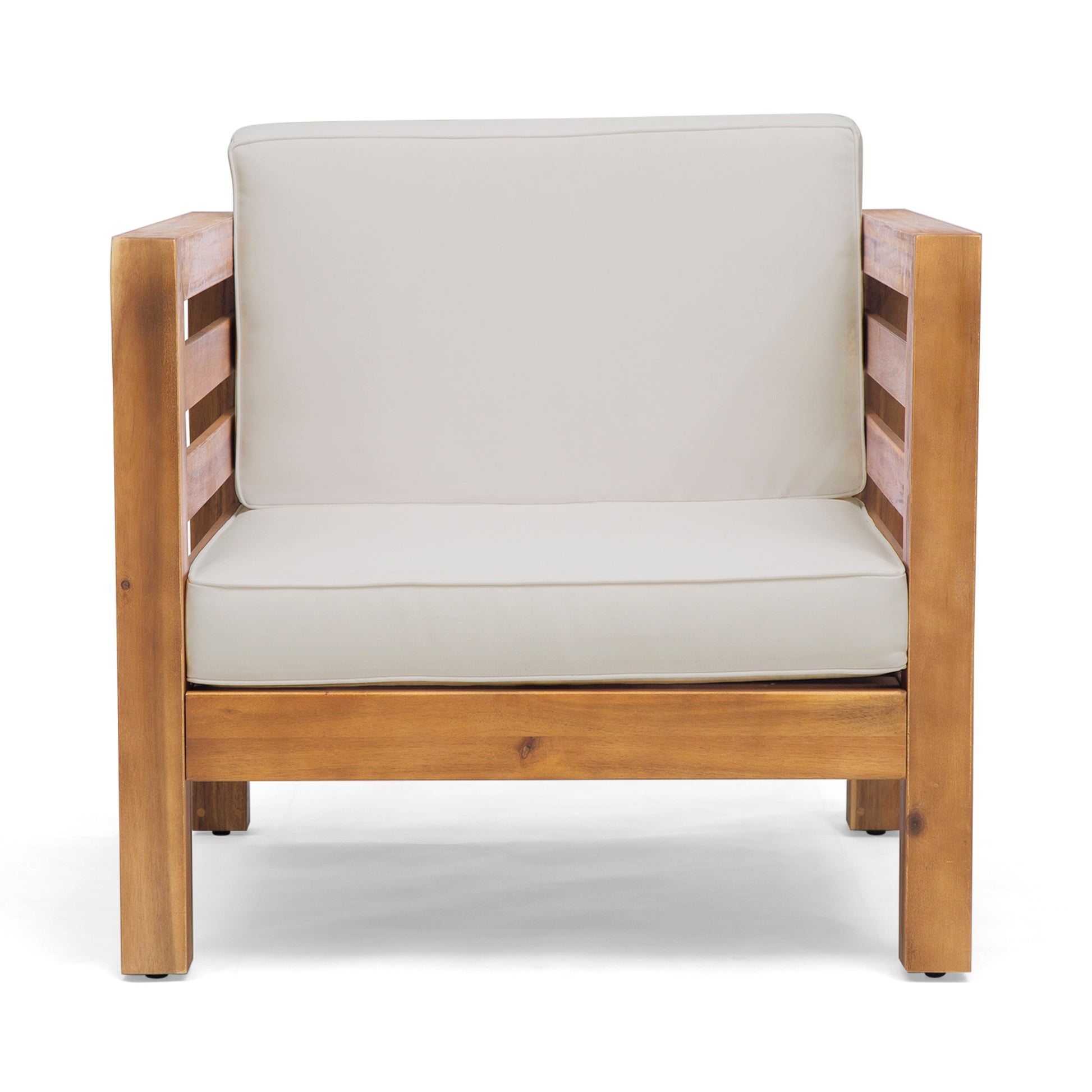 Wooden patio armchair with cream cushions modern design
