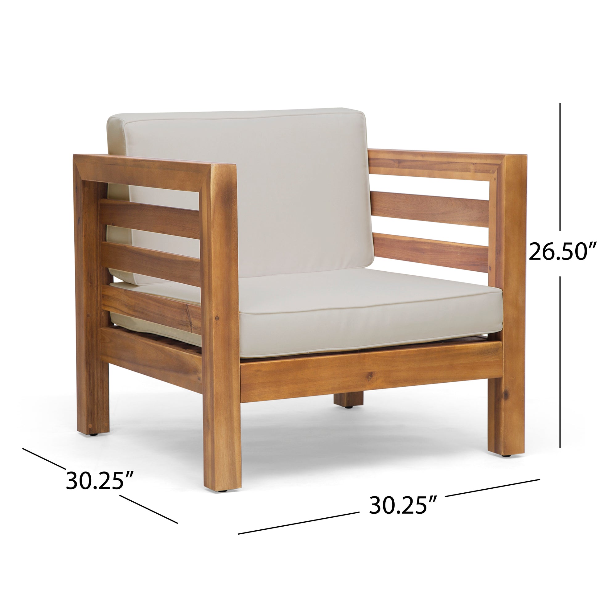 Acacia wood patio chair with beige cushions and slatted armrests modern design