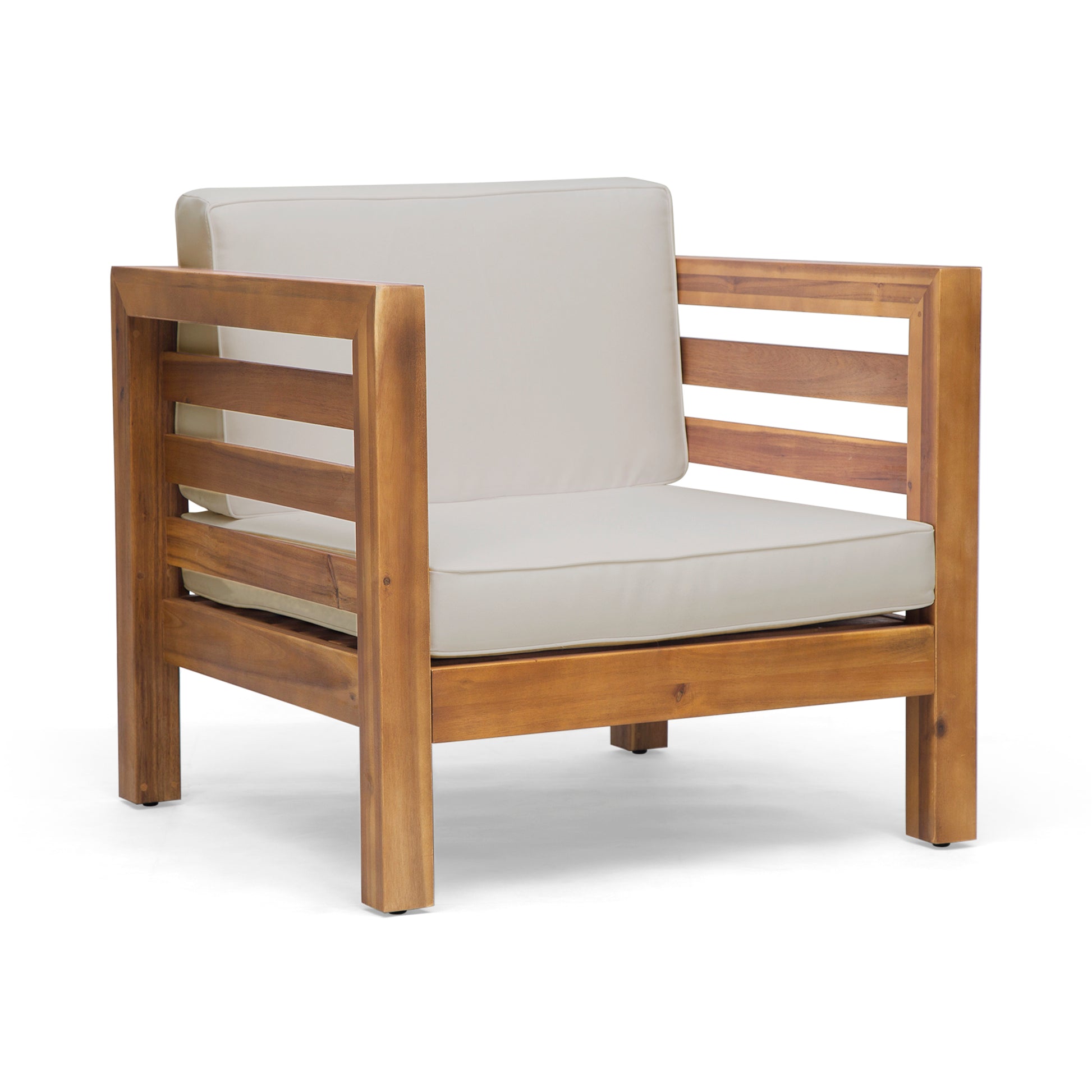 Acacia wood armchair with beige cushions modern outdoor furniture design