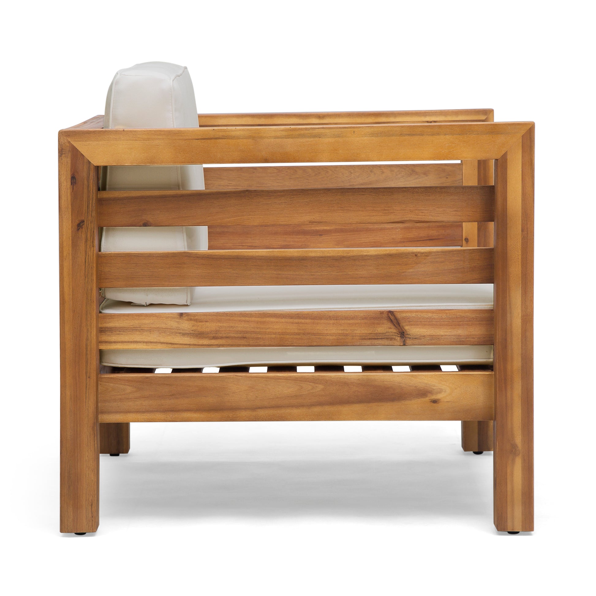 Acacia wood outdoor chair with plush cream cushions modern slatted design
