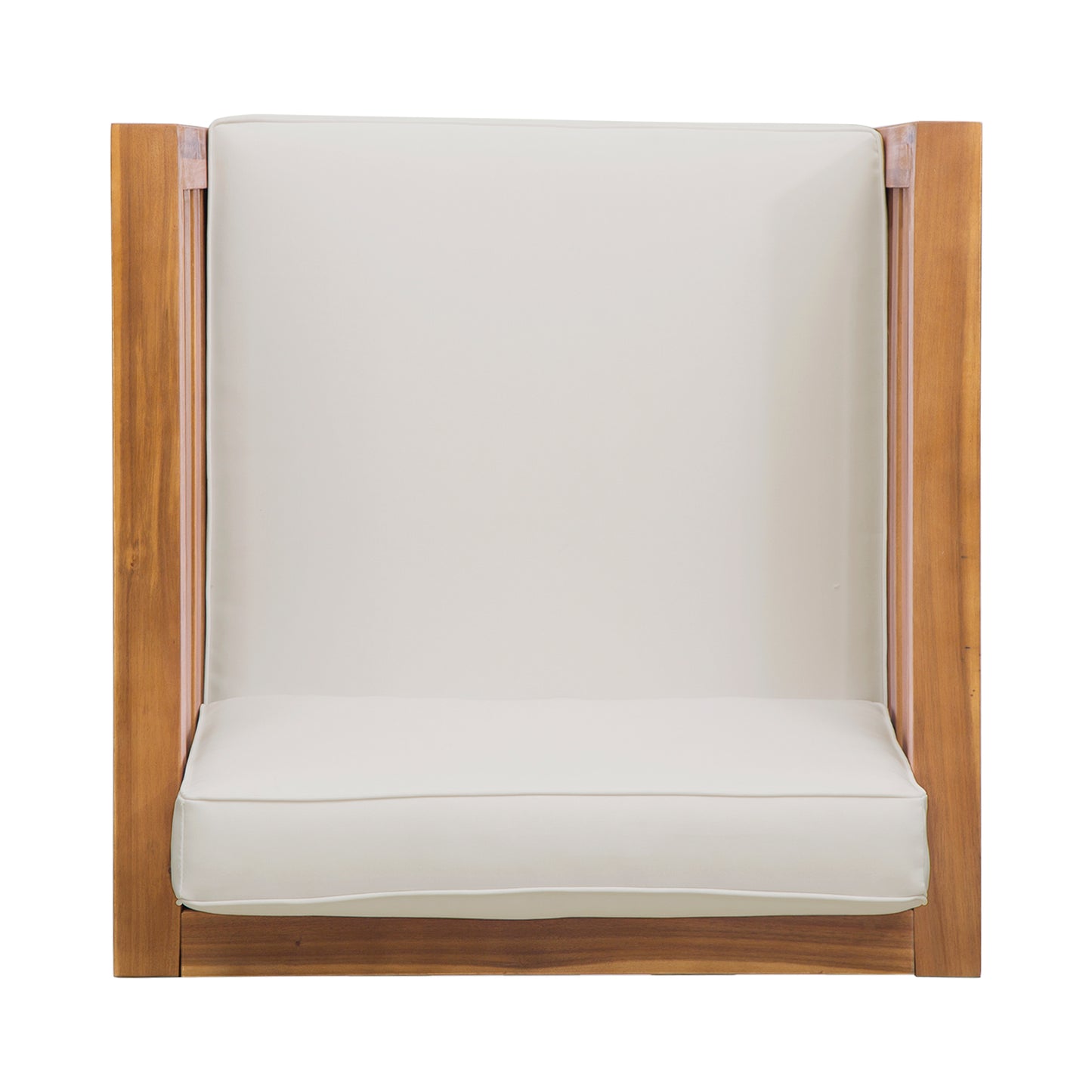 Modern wooden armchair with plush ivory cushions perfect for a living room