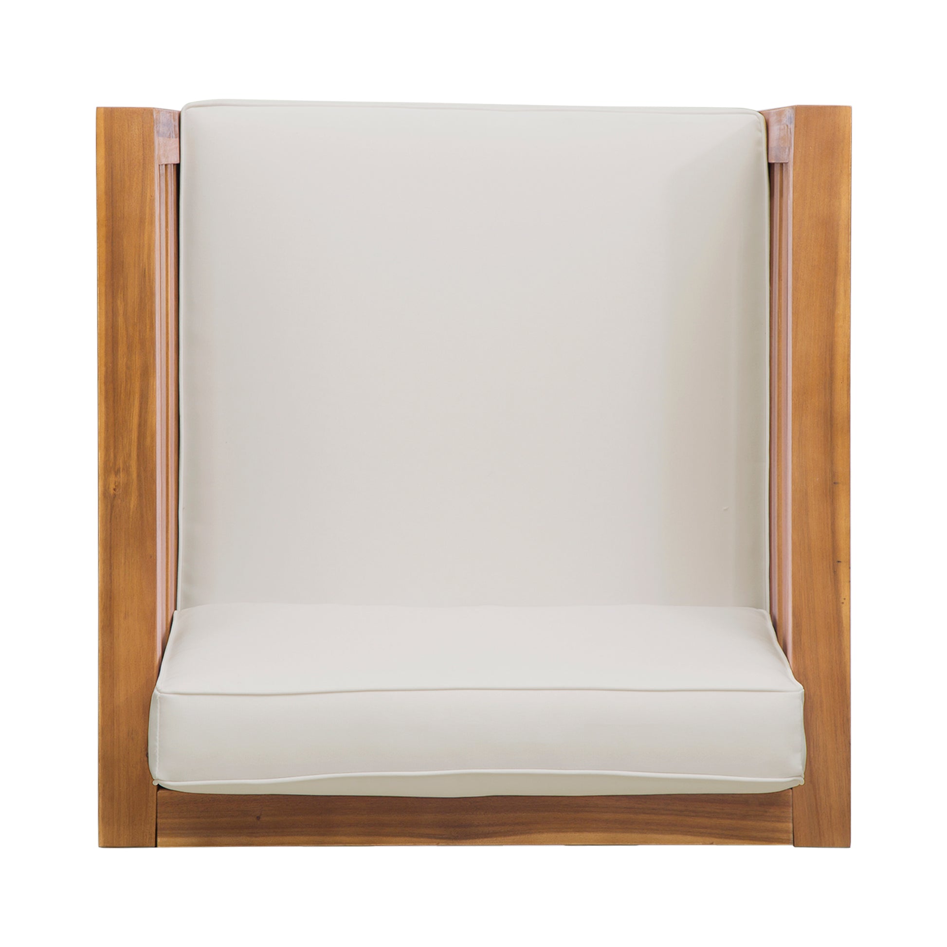 Modern wooden armchair with plush ivory cushions perfect for a living room