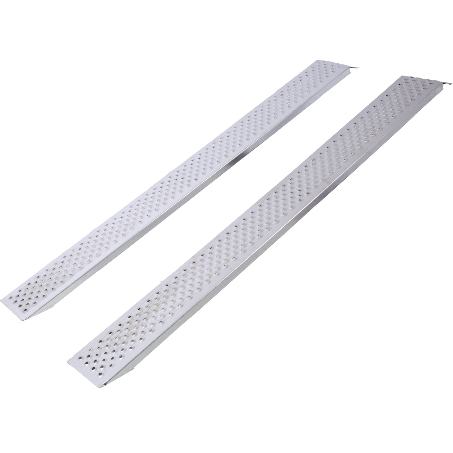 Pair of silver metal loading ramps with perforated surface for traction