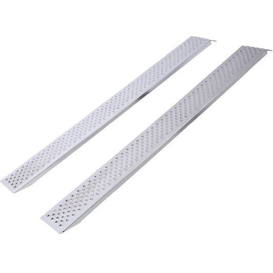 Pair of silver metal loading ramps with perforated surface for traction