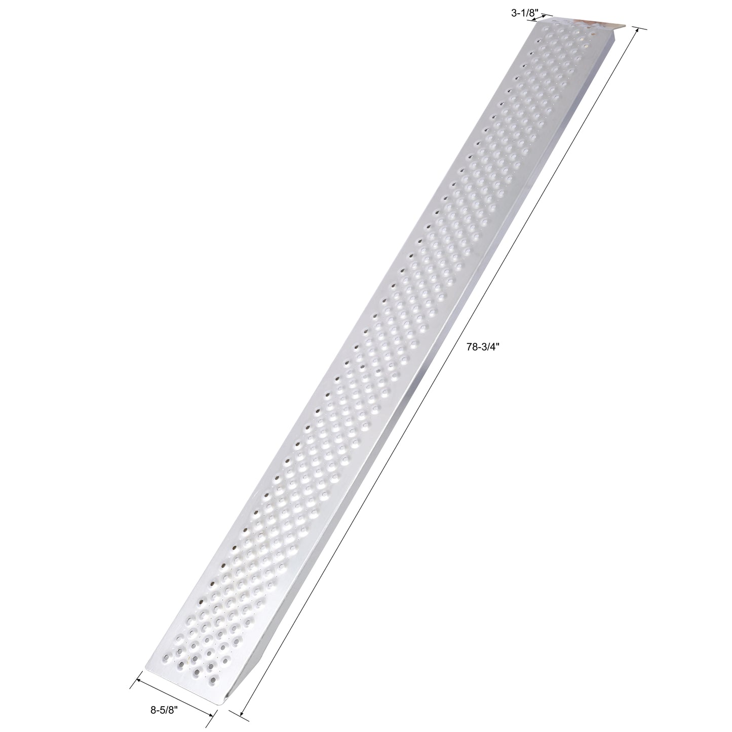 Silver aluminum loading ramp with textured surface and raised circular grips