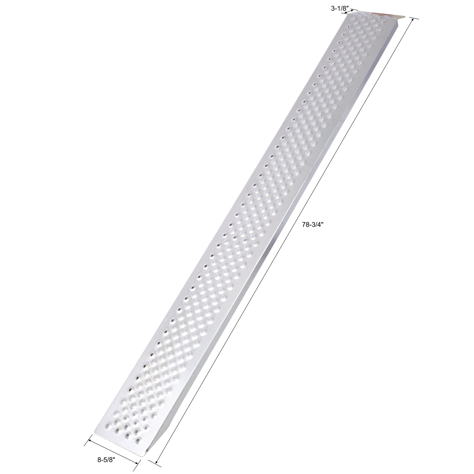 Silver aluminum loading ramp with textured surface and raised circular grips