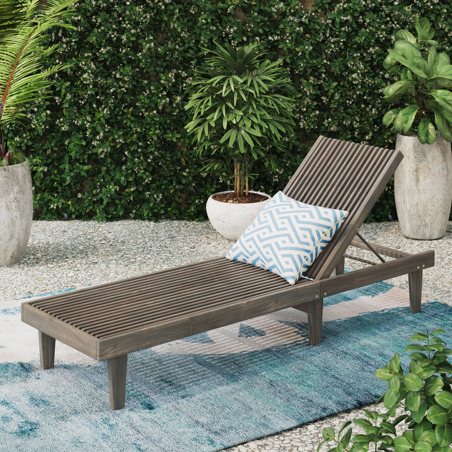 TREATLIFE HOME Wooden Chaise Lounge with Adjustable Seating and Reclining Design, Weather-Resistant Acacia Wood, Grey
