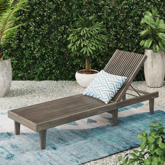 TREATLIFE HOME Wooden Chaise Lounge with Adjustable Seating and Reclining Design, Weather-Resistant Acacia Wood, Grey