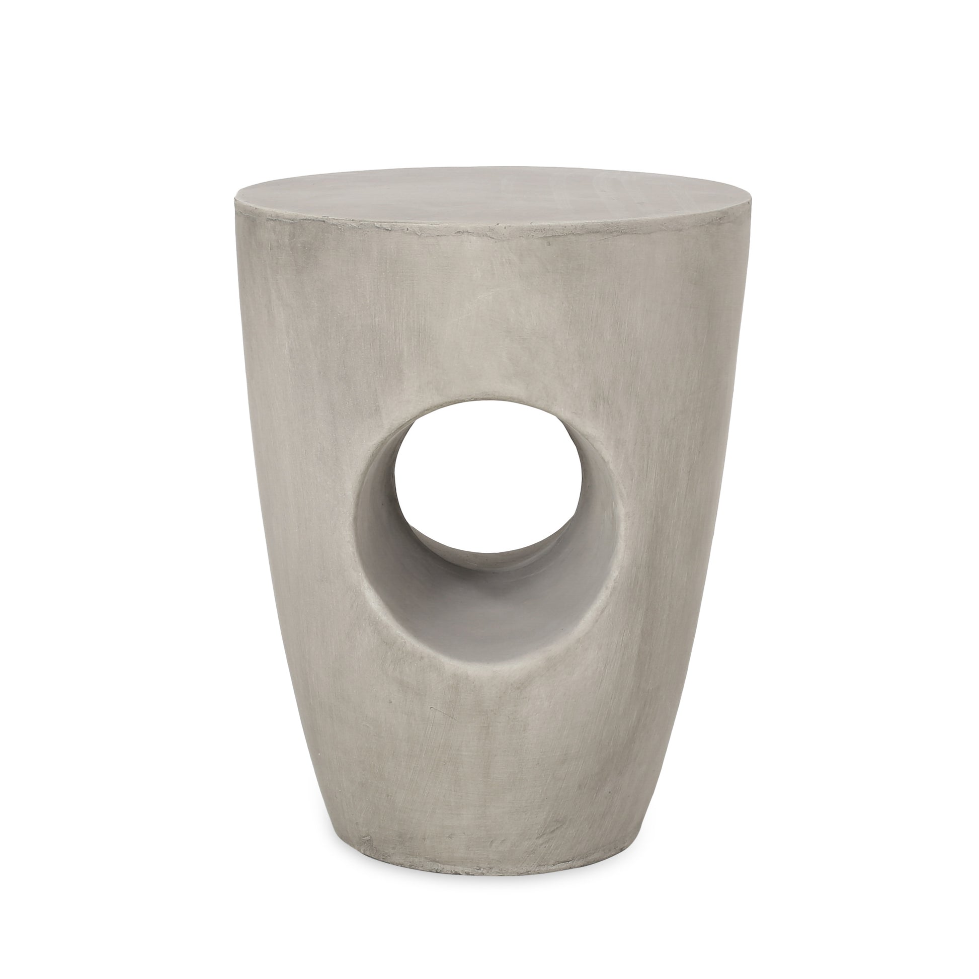 Modern gray concrete cylindrical stool with a central circular cutout for accent