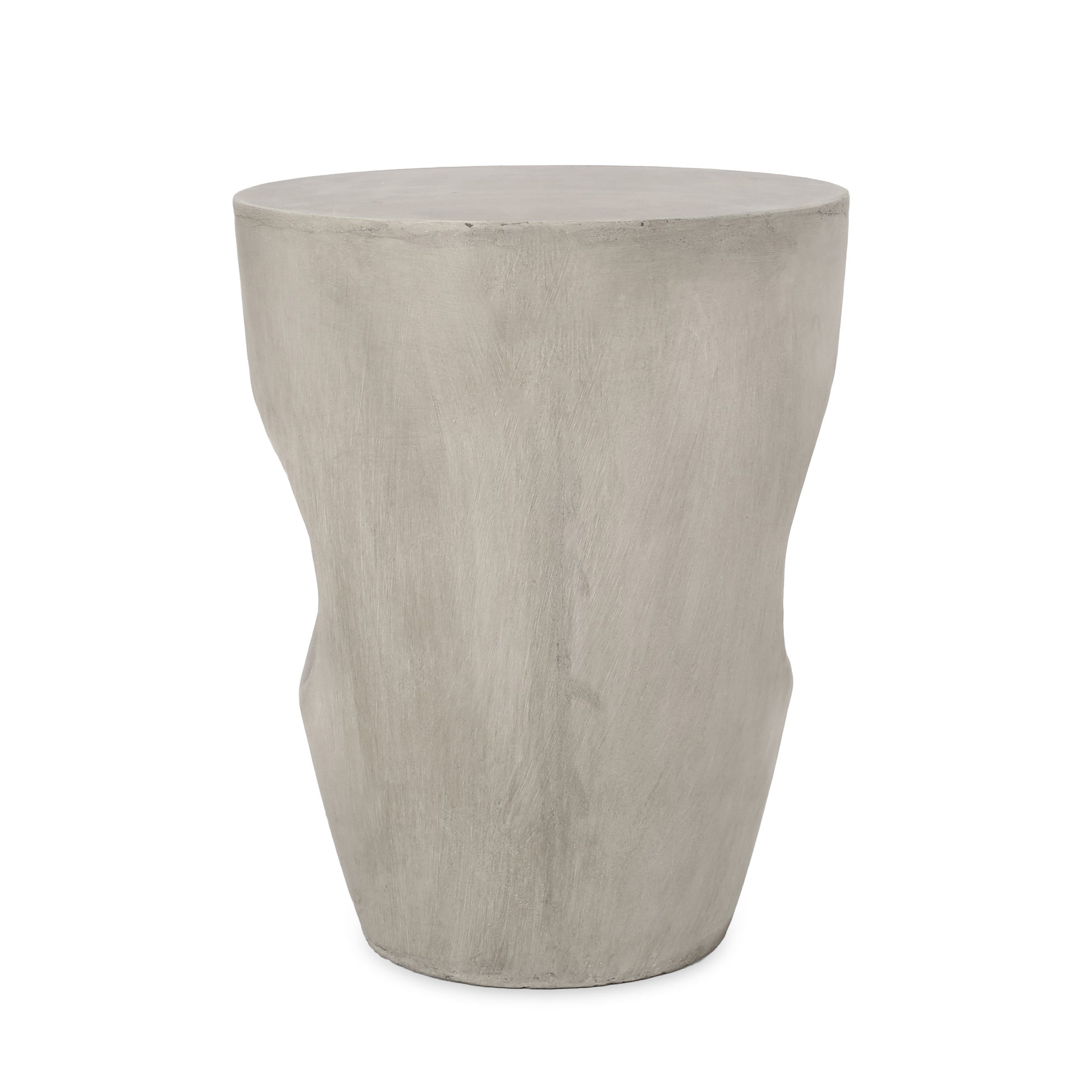 Textured grey concrete garden stool with a rounded top and subtly curved sides