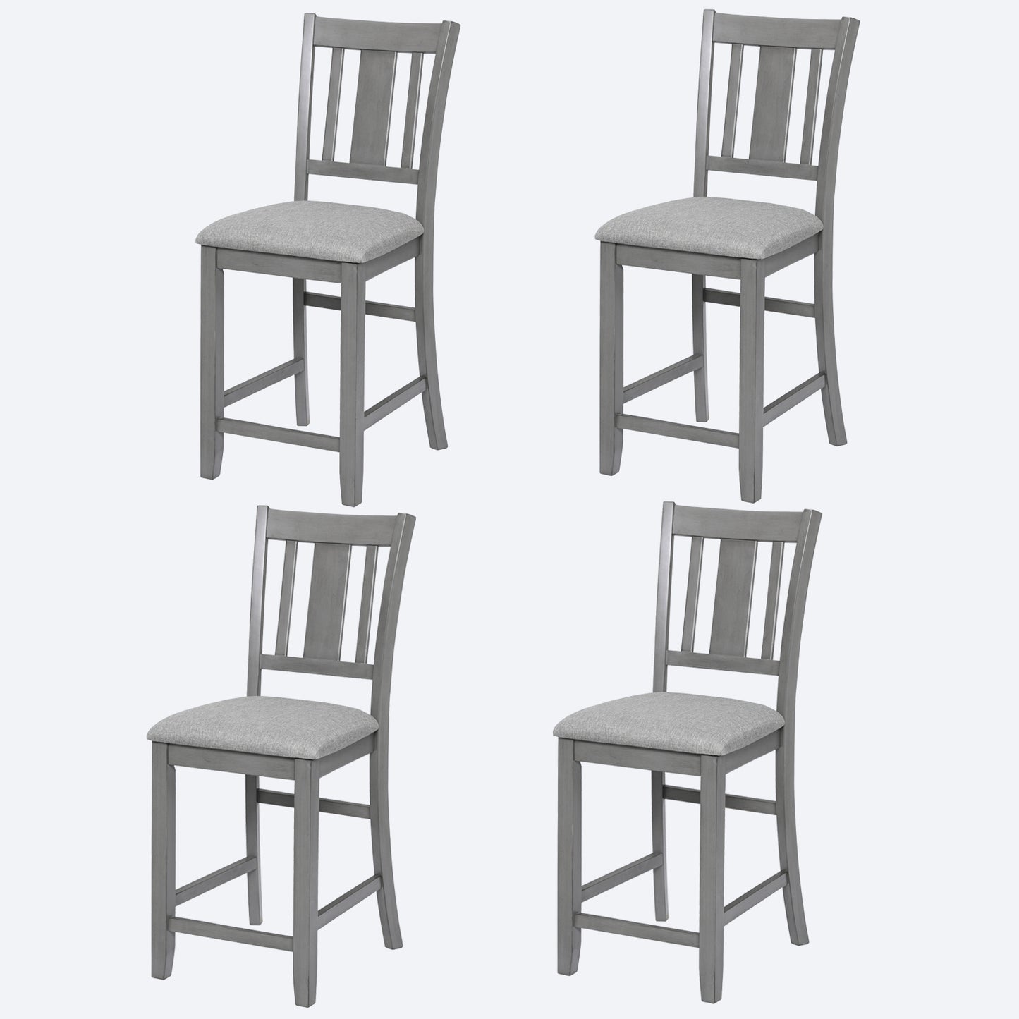 Set of four gray wooden counter height bar stools with upholstered seats