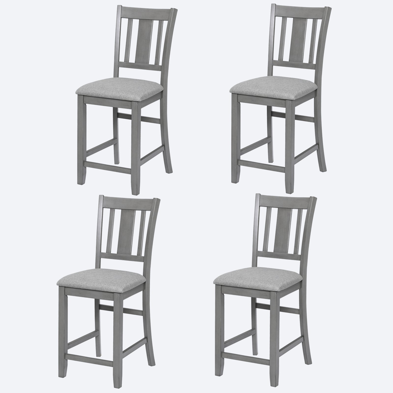 Set of four gray wooden counter height bar stools with upholstered seats