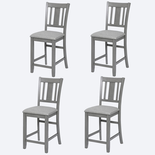 Set of four gray wooden counter height bar stools with upholstered seats