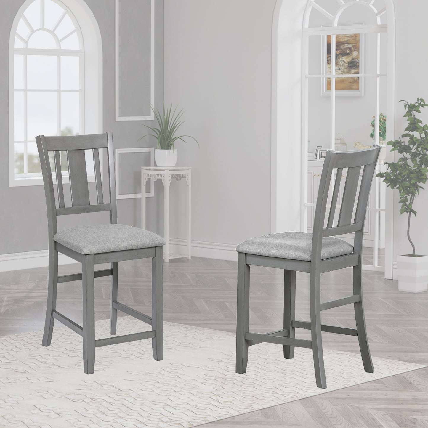 Gray wooden bar stool with upholstered seat perfect for a kitchen island