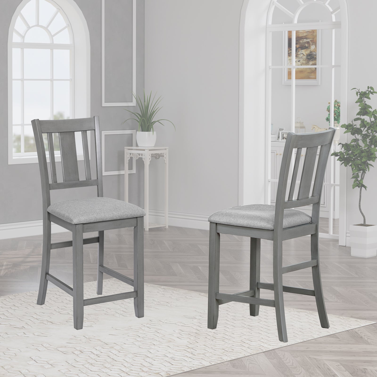 Gray wooden bar stool with upholstered seat perfect for a kitchen island