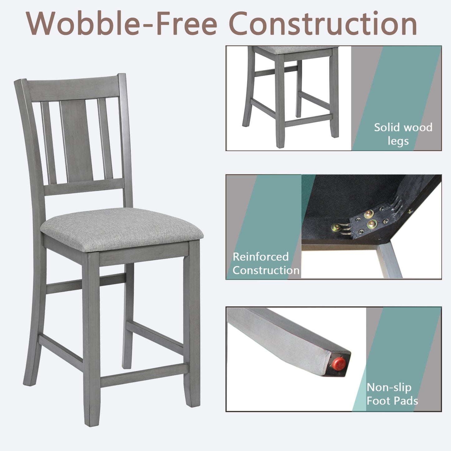 Gray upholstered counter stool with solid wood construction and four legs