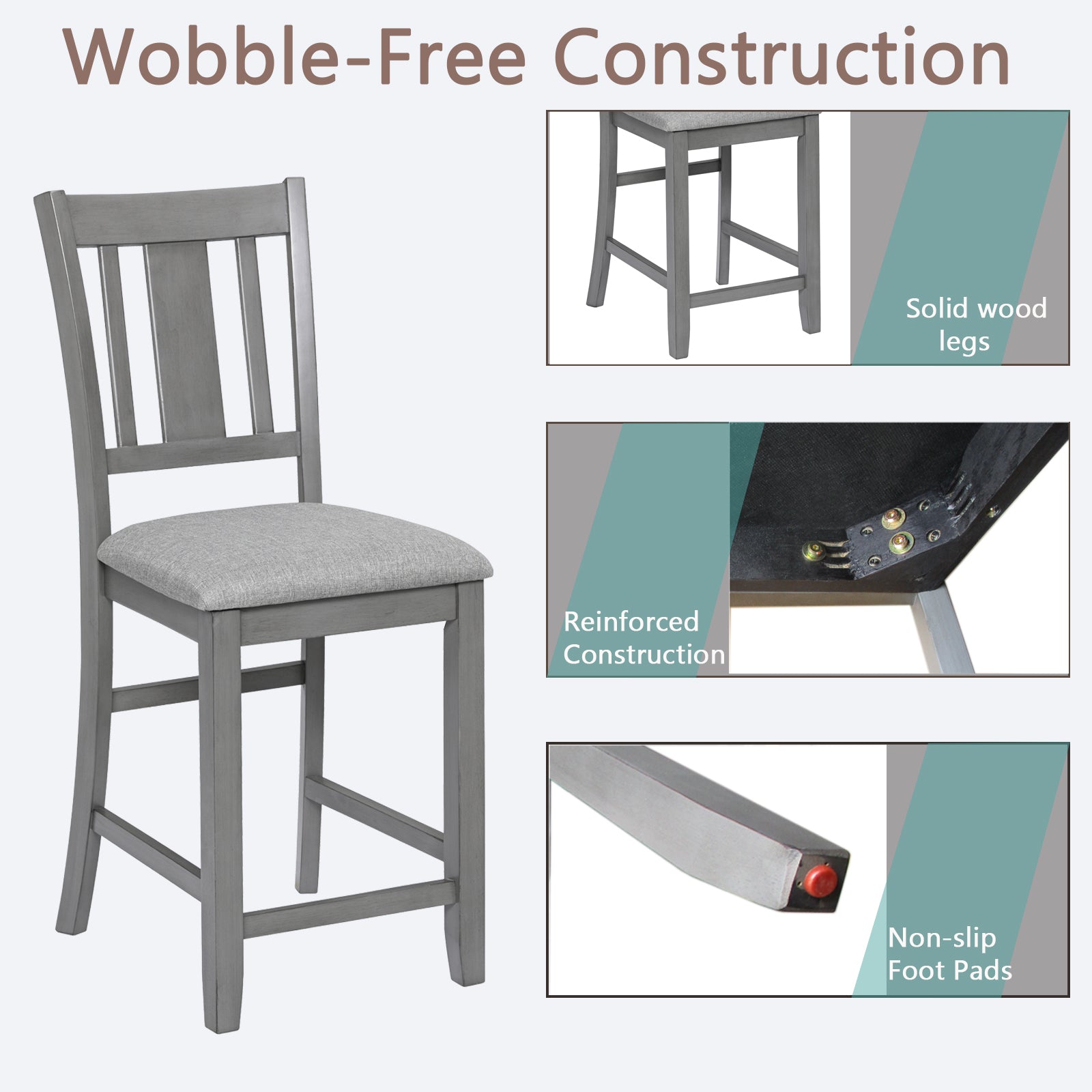 Gray upholstered counter stool with solid wood construction and four legs