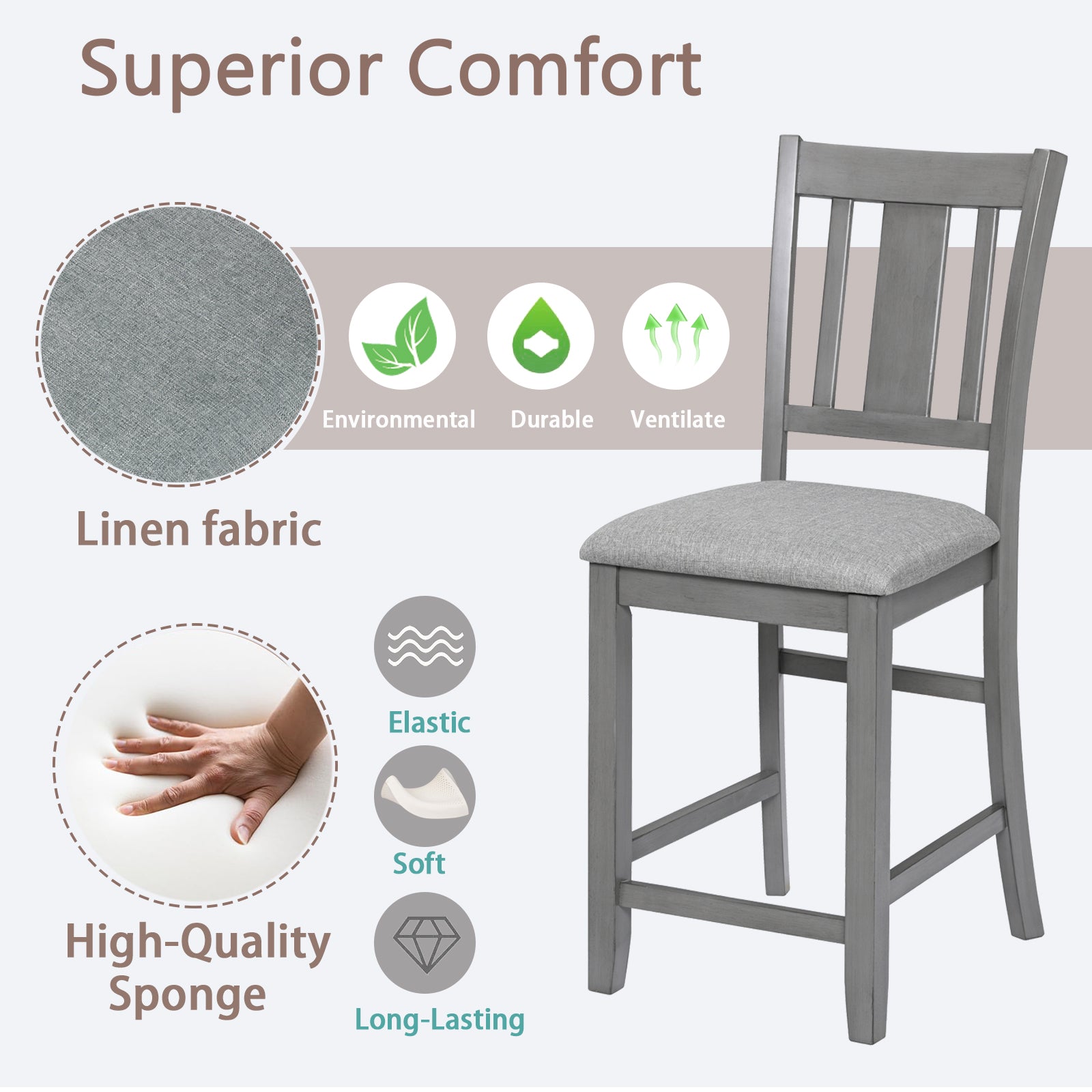 Gray linen fabric counter stool with highdensity sponge seat and wooden frame