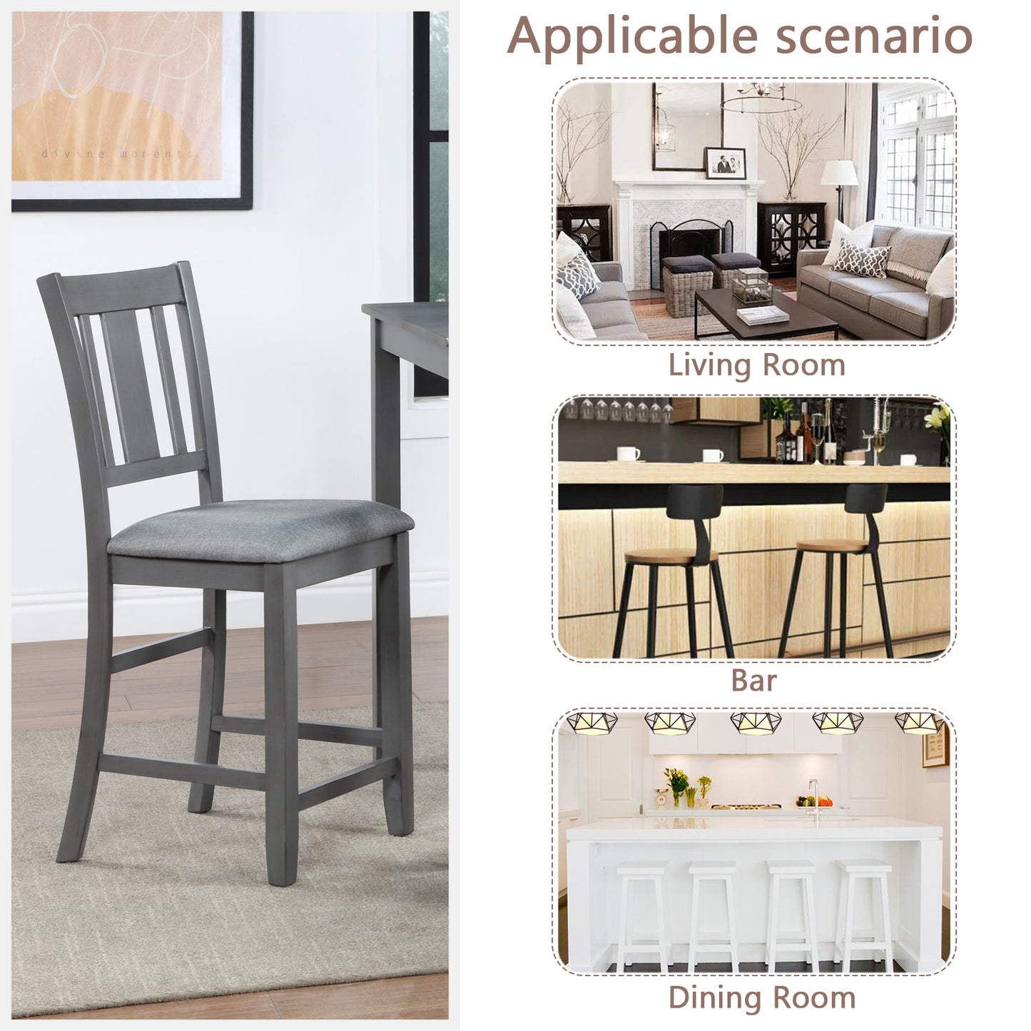 Gray wooden bar stool with upholstered seat in a modern dining room setting