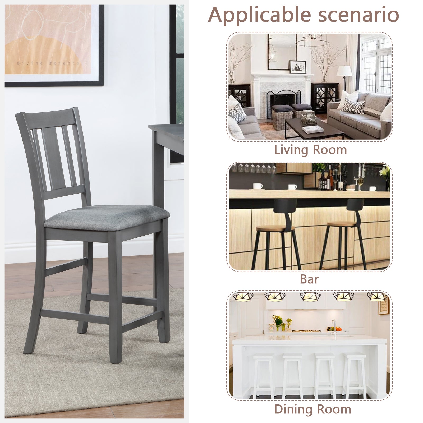 Gray wooden bar stool with upholstered seat in a modern dining room setting