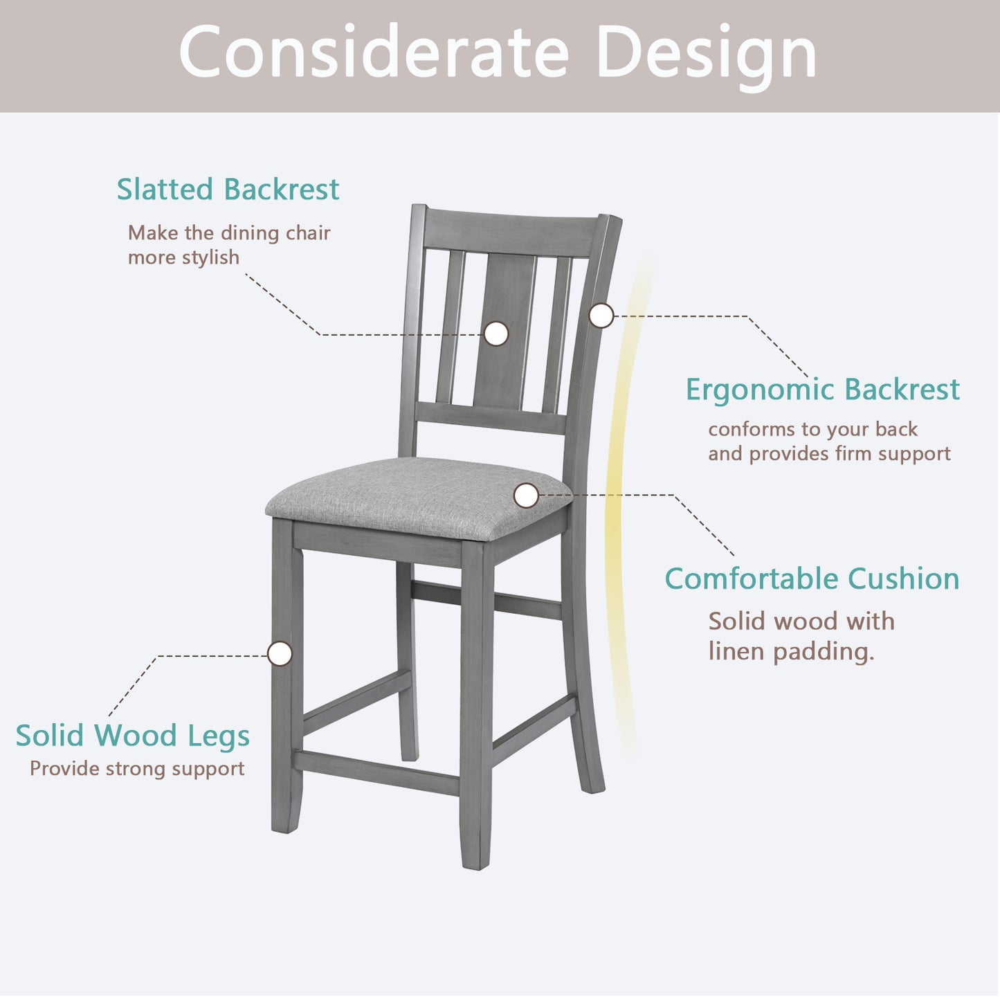 Gray counter stool with slatted backrest and cushioned seat for dining
