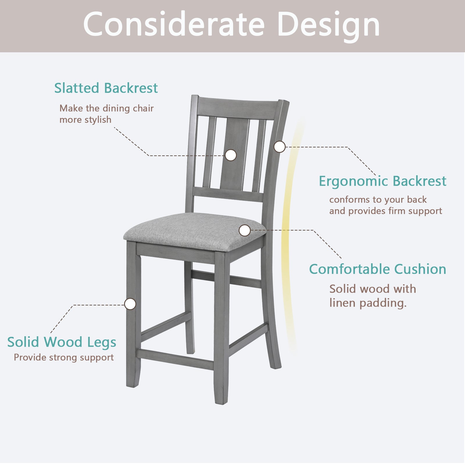 Gray counter stool with slatted backrest and cushioned seat for dining