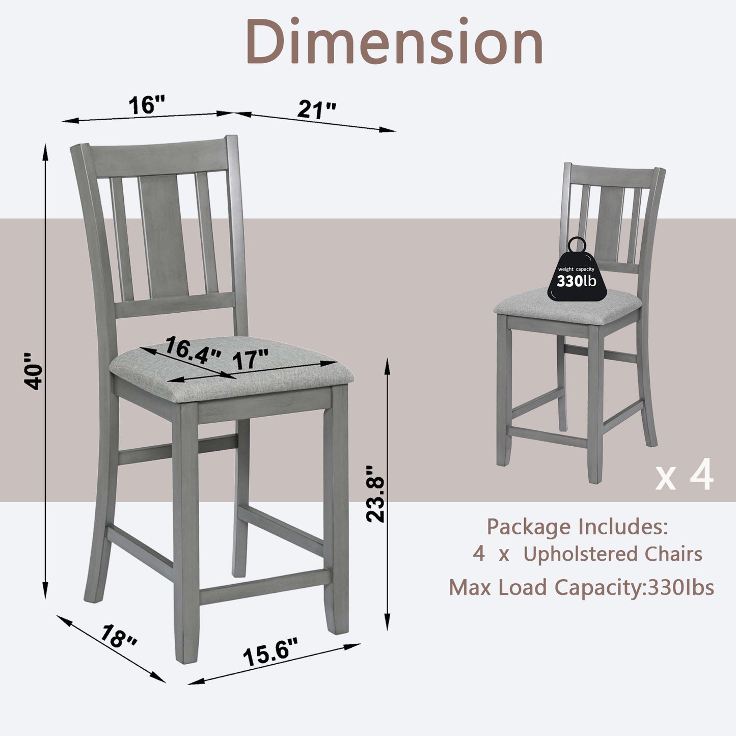 Gray upholstered counter stool with slatted back and dimensions H x W