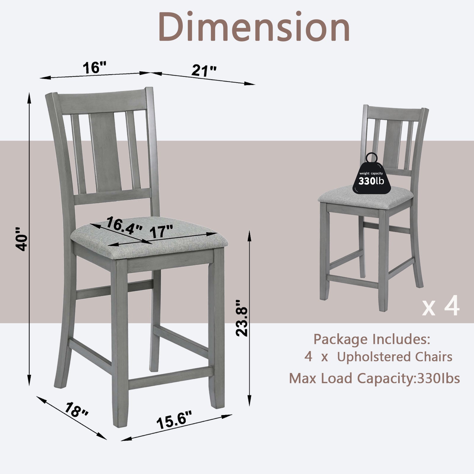 Gray upholstered counter stool with slatted back and dimensions H x W