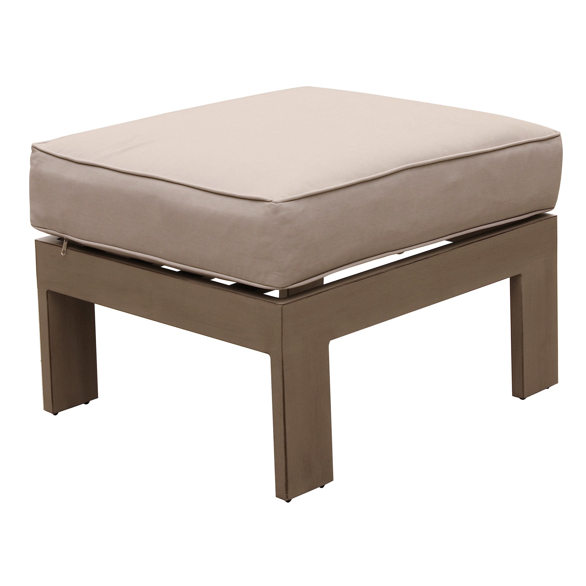 Contemporary taupe outdoor ottoman with plush cushion and modern metal frame