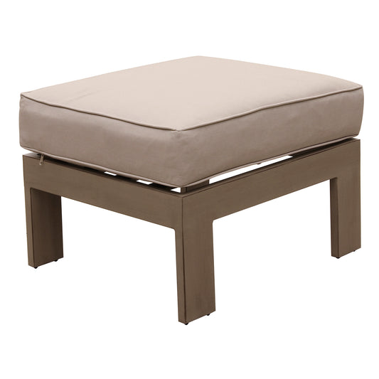 Contemporary taupe outdoor ottoman with plush cushion and modern metal frame