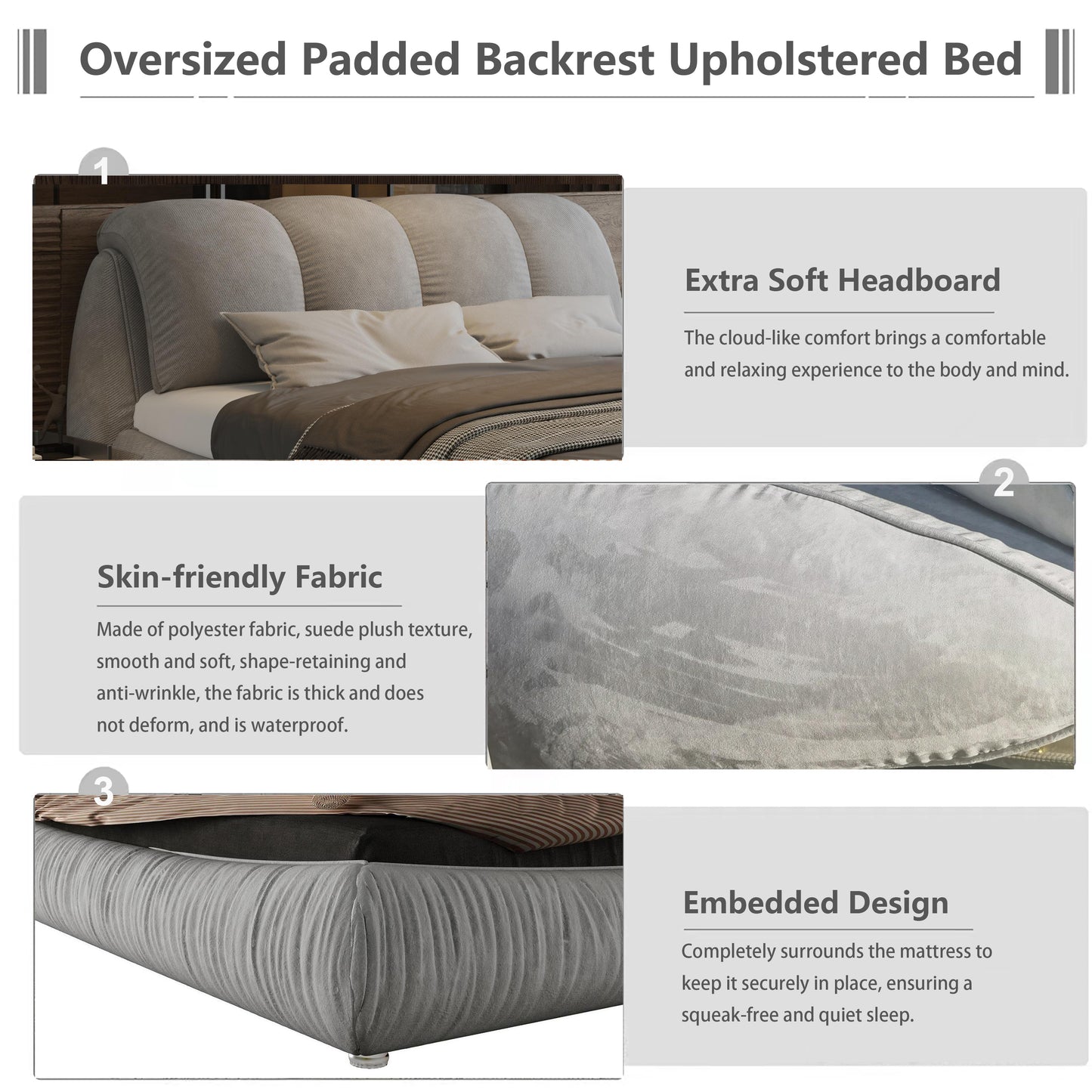 Oversized upholstered bed with plush curved headboard and stacked pillows