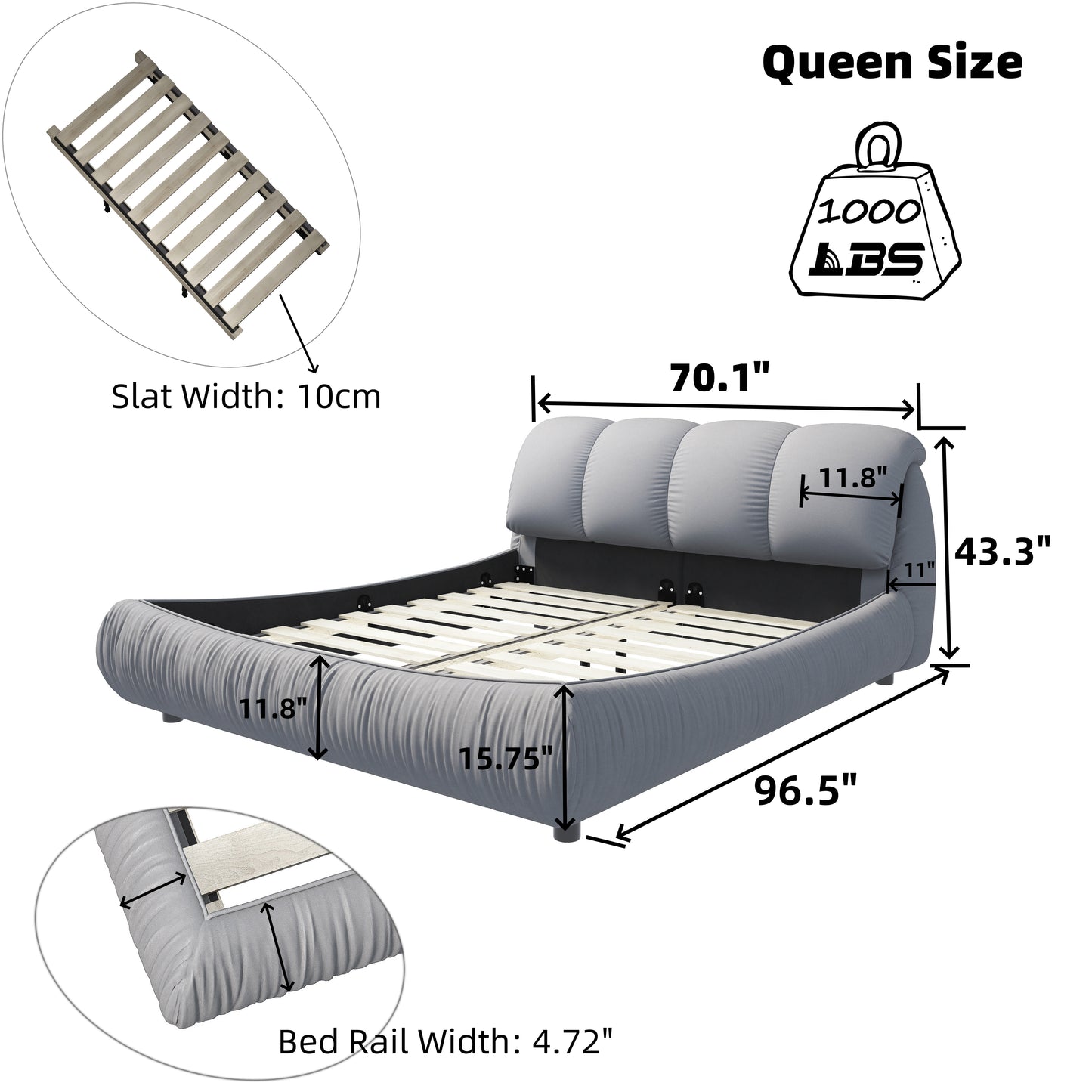 Grey fabric queen size bed frame with tufted headboard and wooden slats