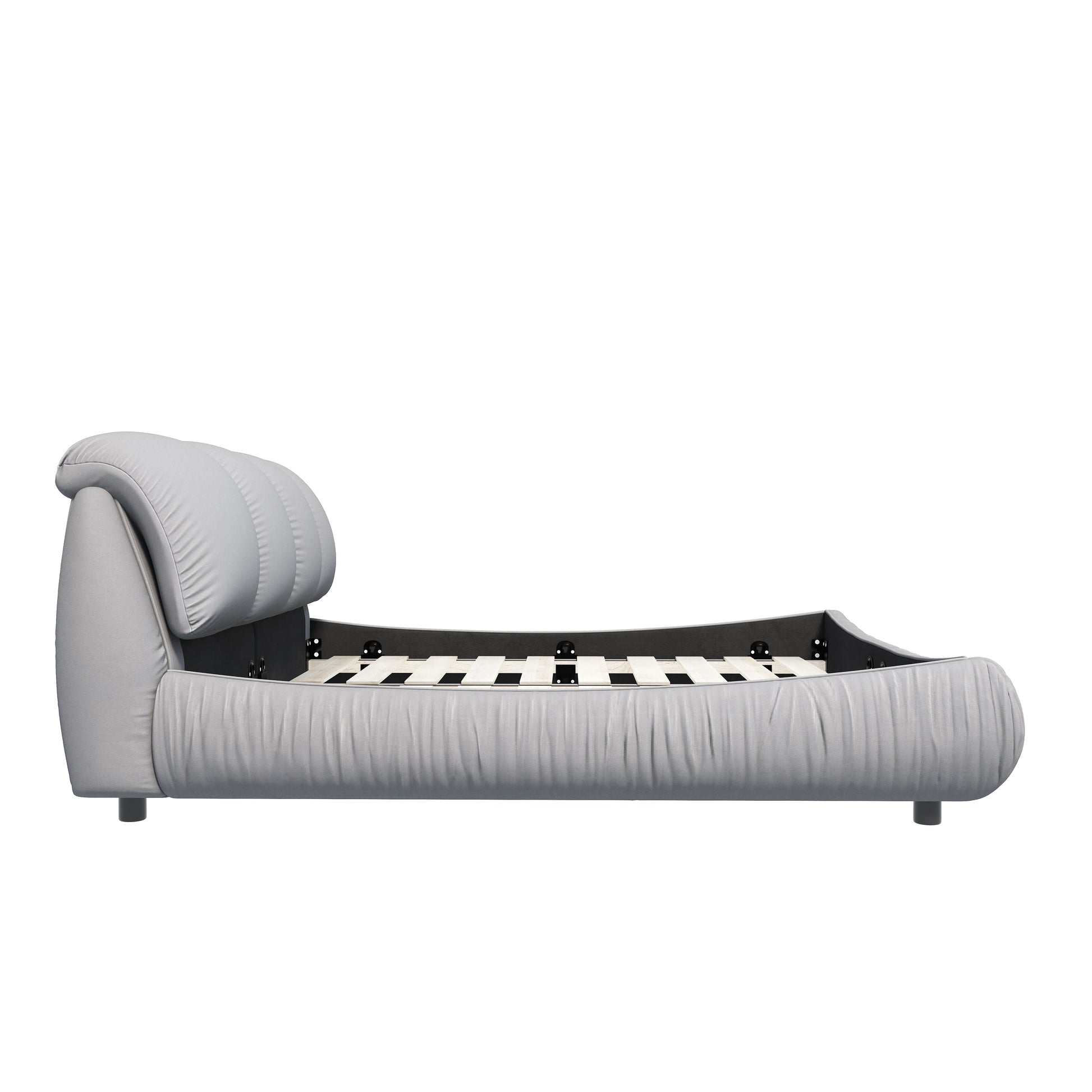 Gray fabric bed frame with tufted headboard and integrated slats