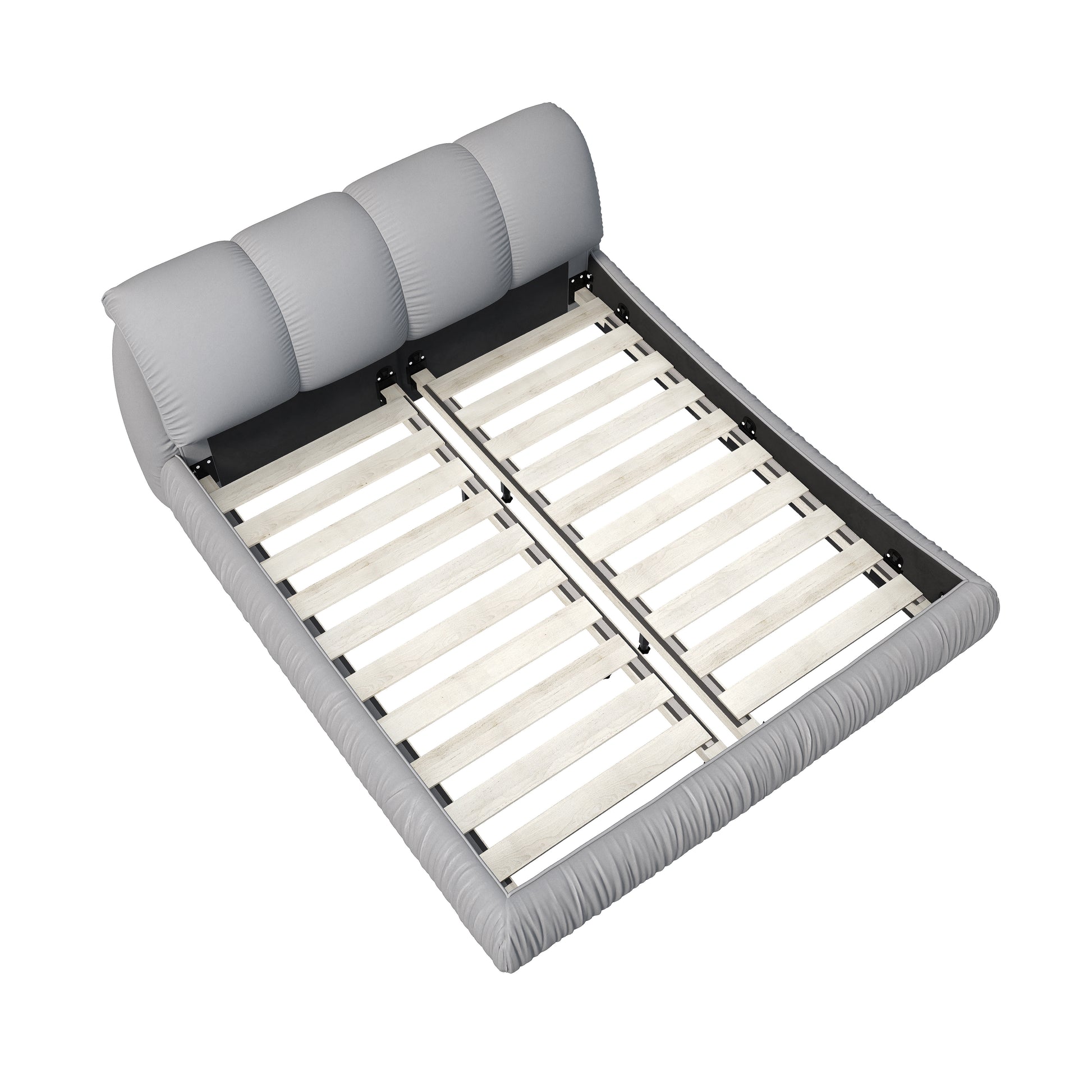 Gray upholstered bed frame with slatted base detail