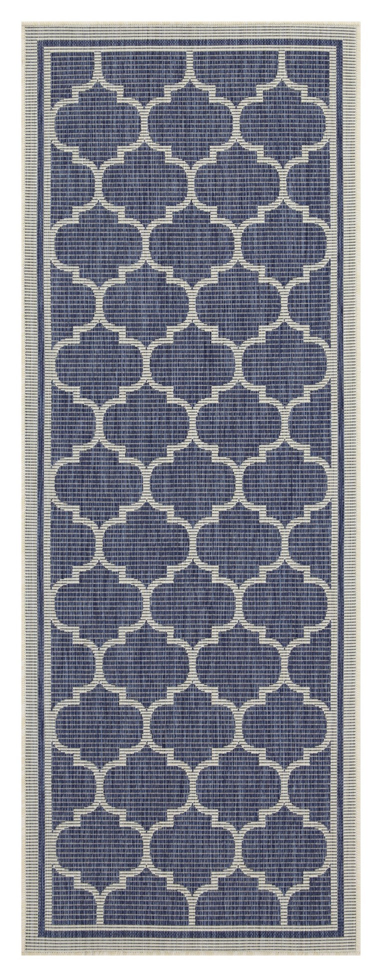 Navy blue and white quatrefoil pattern indooroutdoor rug