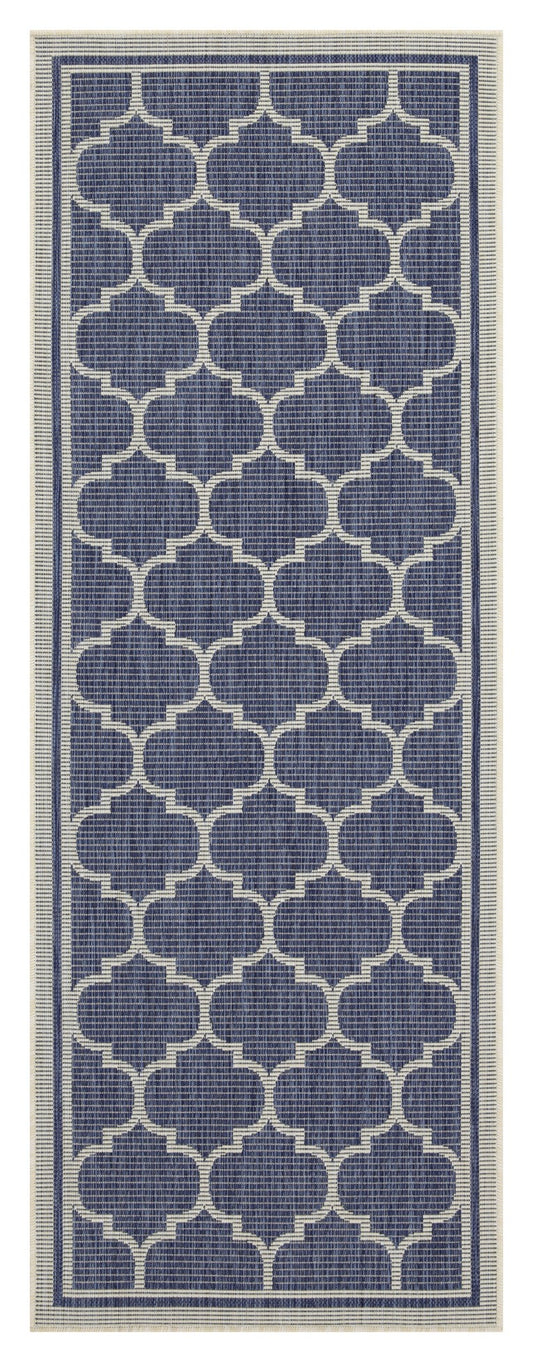 Navy blue and white quatrefoil pattern indooroutdoor rug