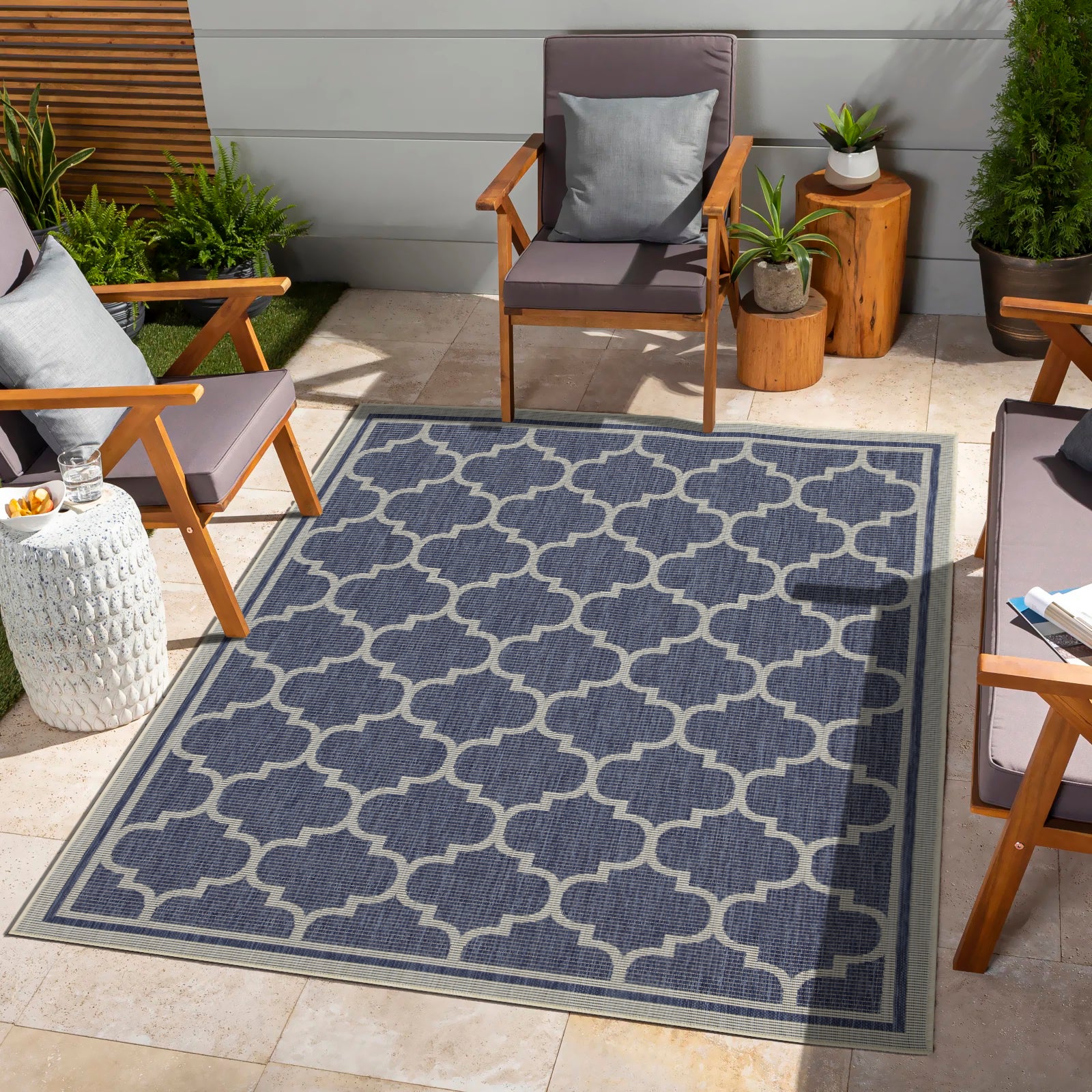 Dark blue and beige geometric pattern outdoor rug x ft size