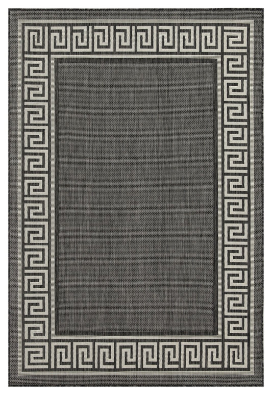 Dark grey area rug with a classic Greek key border pattern perfect for living rooms