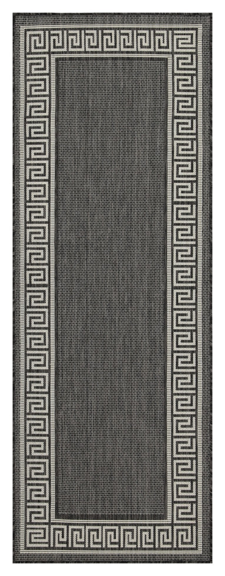 Dark grey woven runner rug with white Greek key border pattern