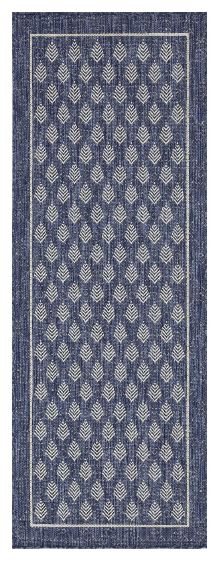 Navy blue outdoor rug with a repeating white geometric diamond pattern and a white border