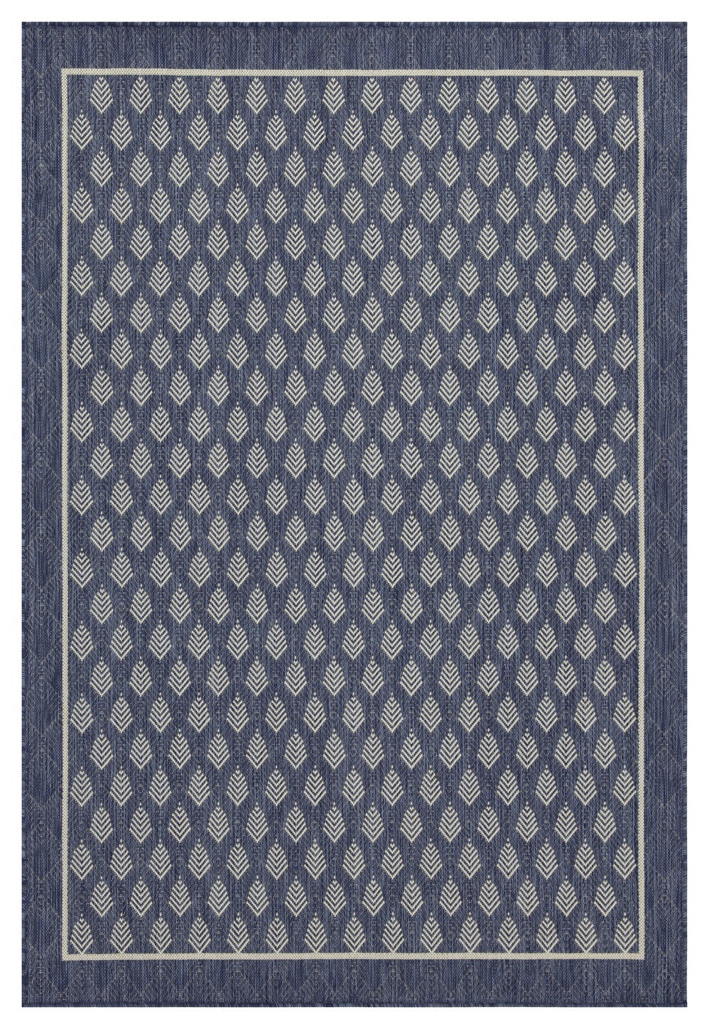 Navy blue area rug with a repeating cream diamond leaf pattern and border