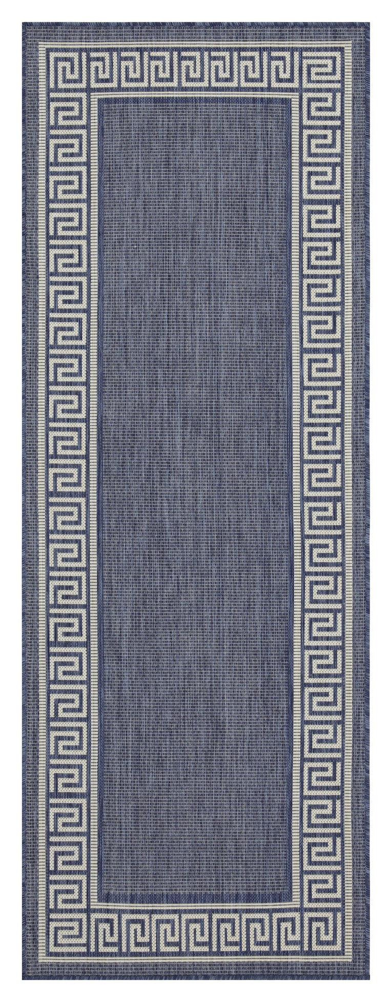 Navy blue outdoor rug with beige Greek key border pattern