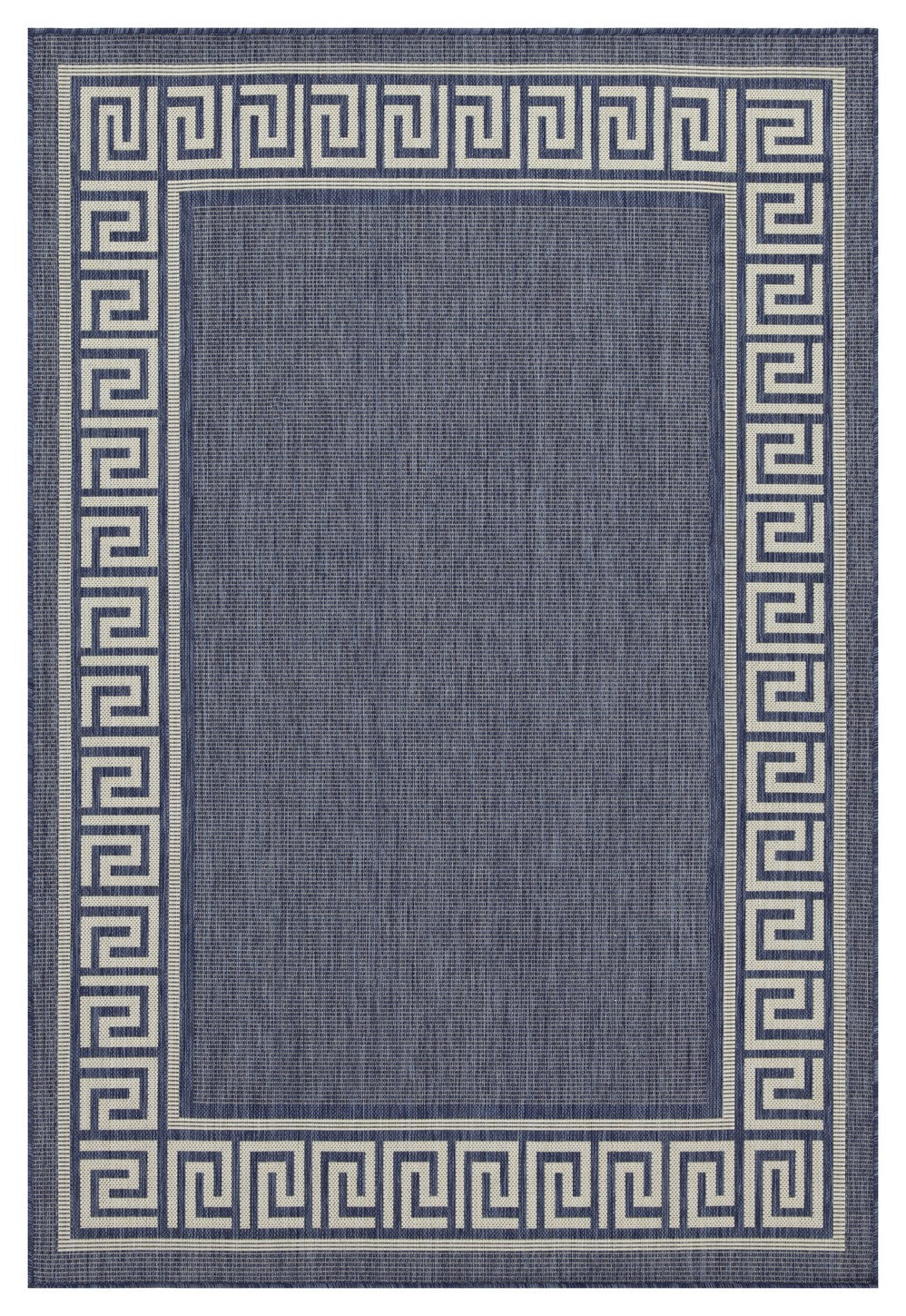 Navy blue outdoor rug with cream Greek key border x ft