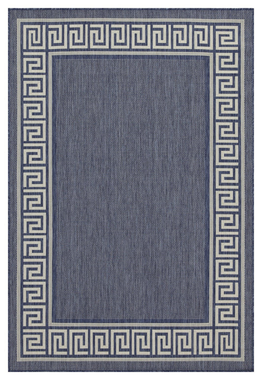 Navy blue outdoor rug with cream Greek key border x ft