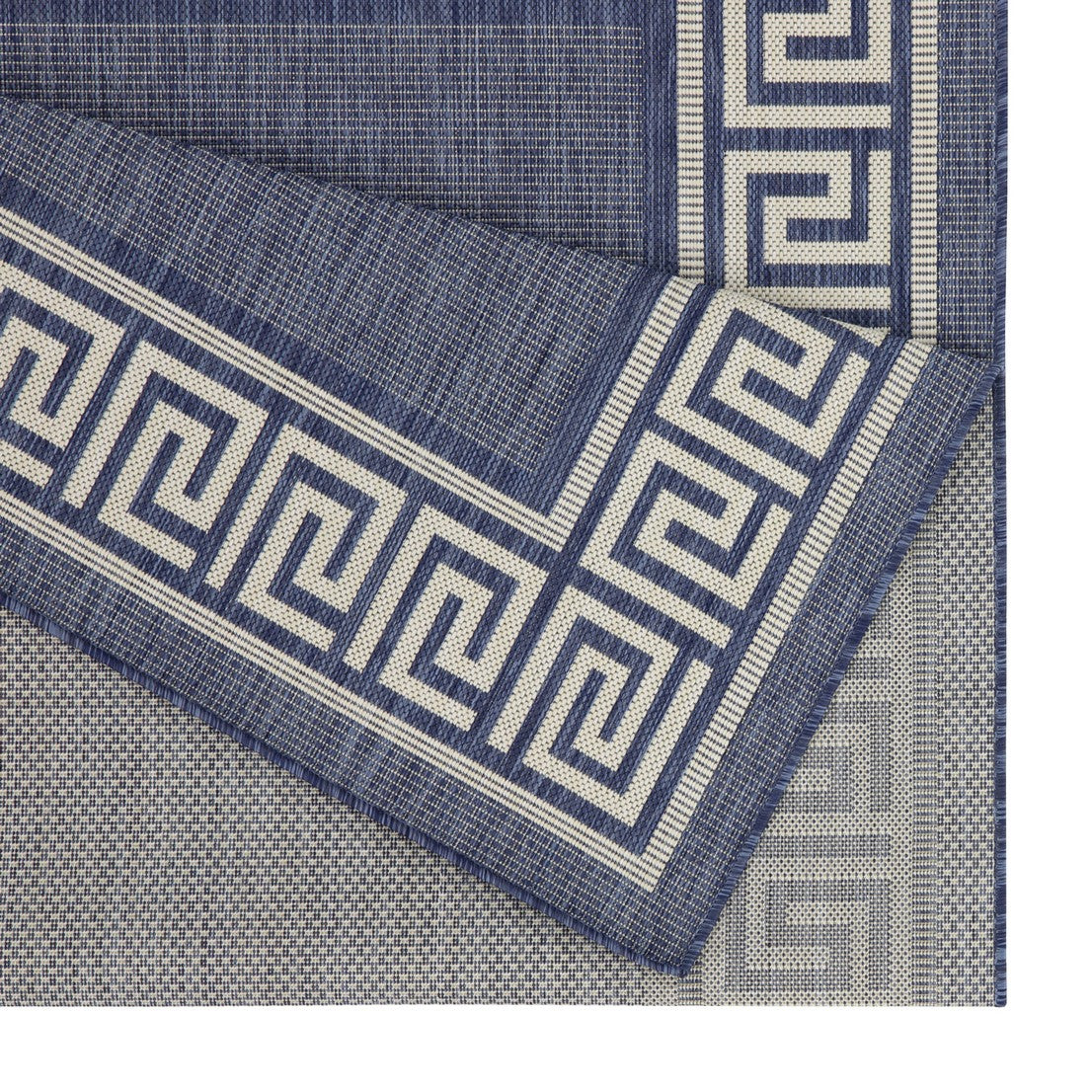 Blue and white Greek key patterned outdoor rug durable weave