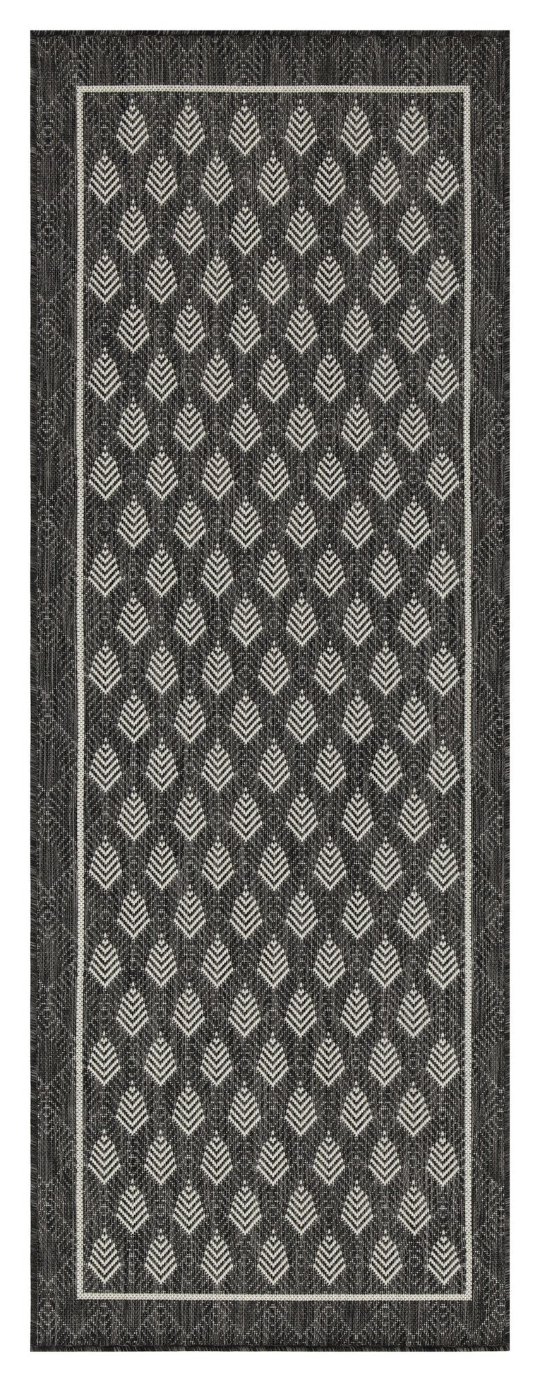 Black outdoor rug with a diamond leaf pattern and a white border for patio decor