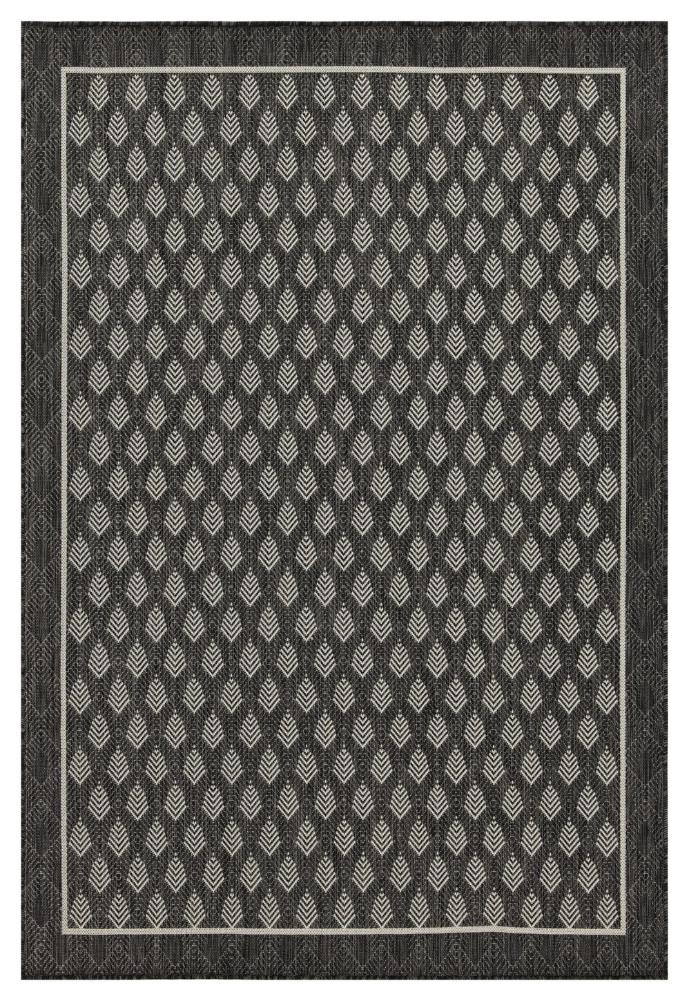Dark gray outdoor rug with a repeating light gray diamond leaf pattern and geometric border