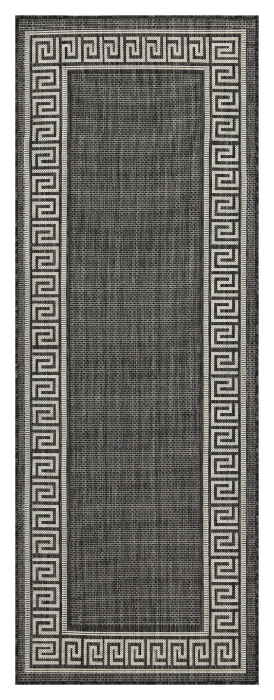 Dark gray runner rug with white Greek key border pattern
