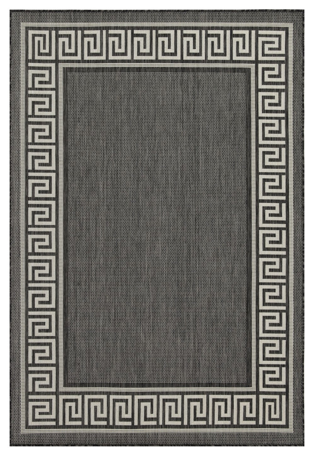 Dark gray woven area rug with white Greek key border pattern