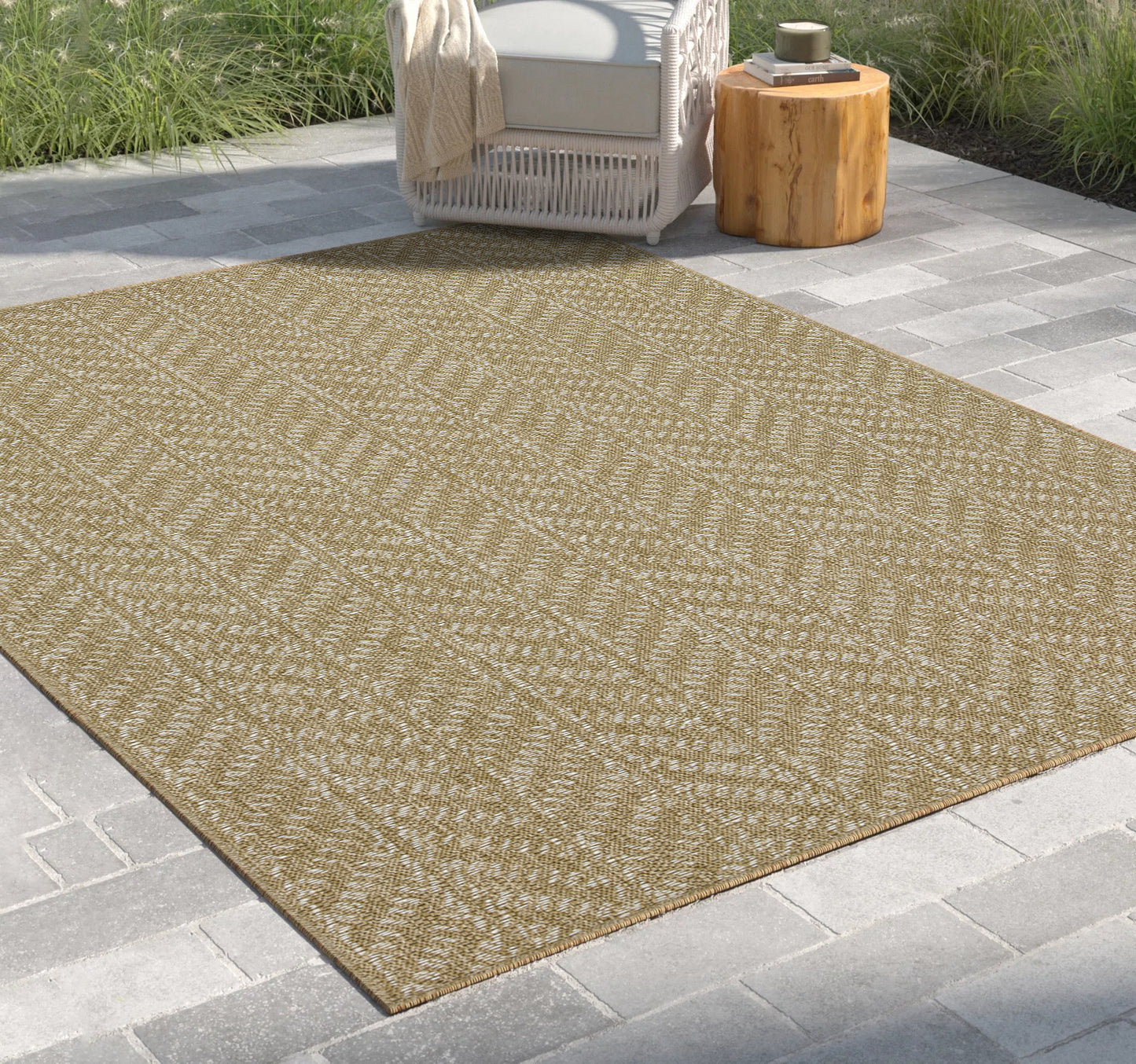 Tan geometric pattern outdoor rug durable and stylish patio accent